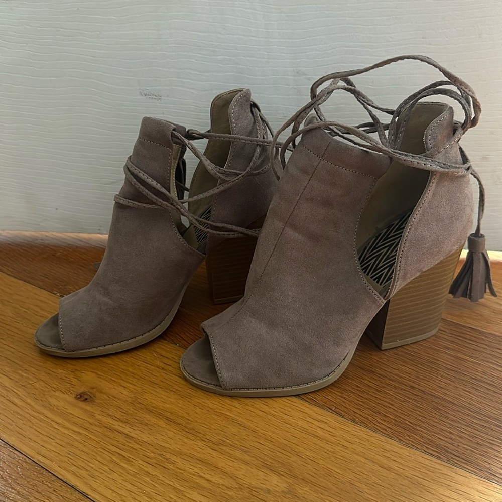 Taupe Peep Toe Boot Chunky Heel Shoes